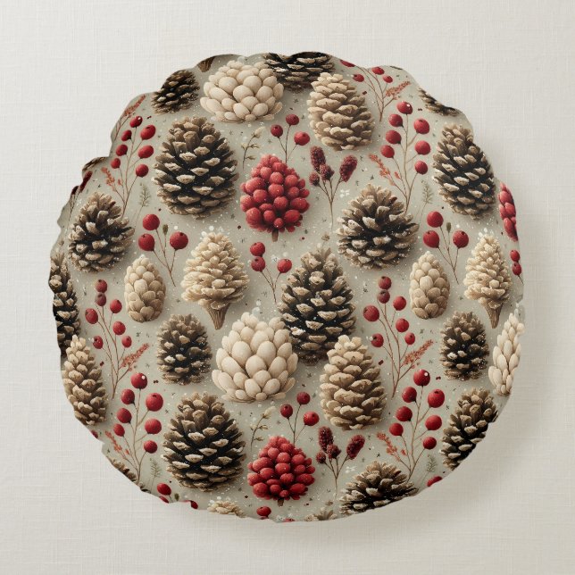 Winter Pinecones and Red Berries Round Cushion (Front)