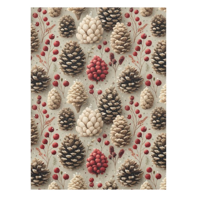 Winter Pinecones and Red Berries Tablecloth (Front)