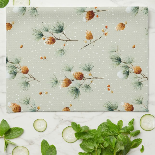 Winter Pinecones and Snowy Branches Tea Towel (Folded)