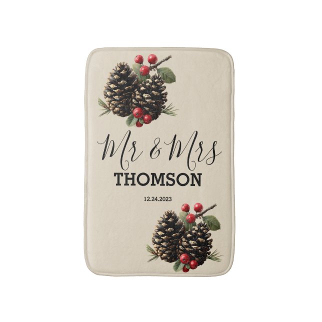 Winter Pinecones & Berries Family Throw Pillow Bath Mat (Front Vertical)