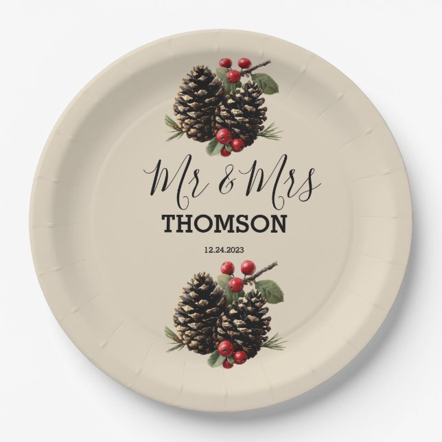 Winter Pinecones & Berries Family Throw Pillow Paper Plate (Front)