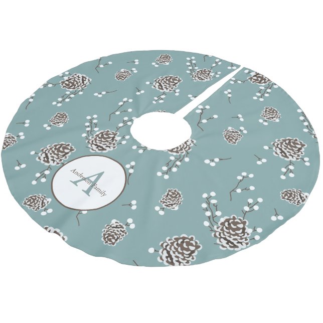 Winter Pinecones Family Monogram Personalised Brushed Polyester Tree Skirt (Angled)