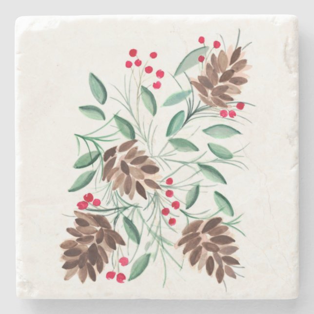 Winter Pinecones Watercolor Stone Coaster (Front)
