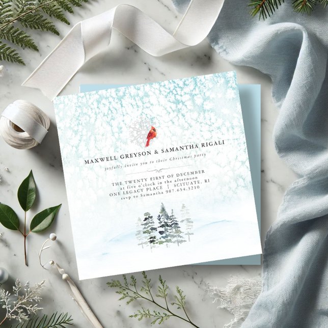 Winter Pines Customisable Christmas Party Invitation (Christmas party invitations watercolor pine trees red cardinal wintery scene minimalistic)