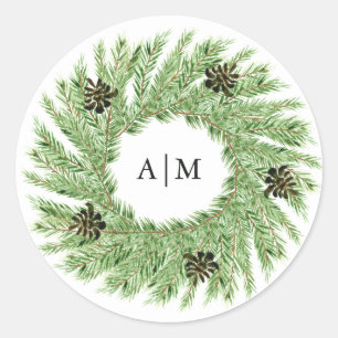 Winter Pines Wedding   Monogram Classic Round Sticker