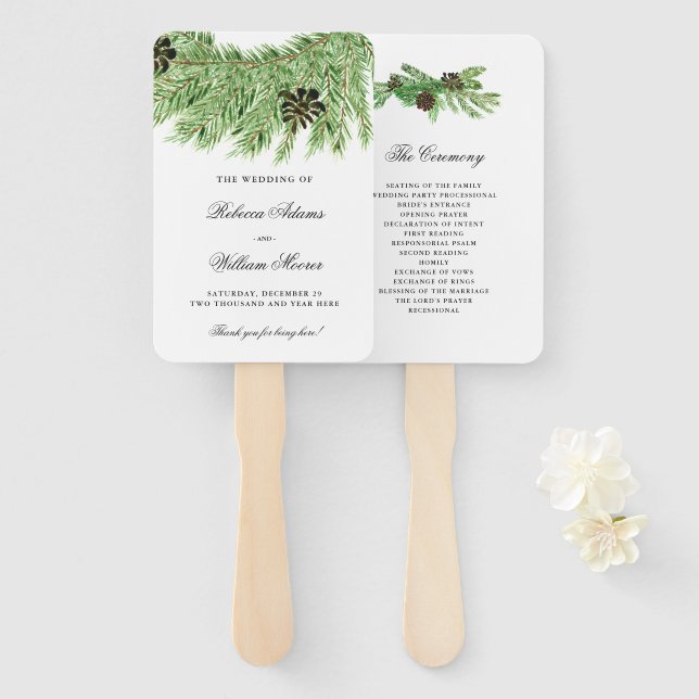 Winter Pines Wedding Program Hand Fan (Front and Back)