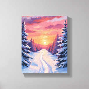 Winter Pinescape Sunset Pastel Watercolor Canvas Print