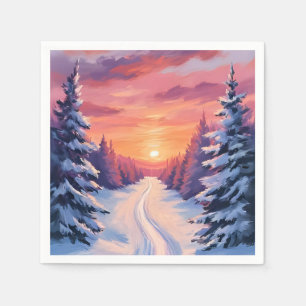 Winter Pinescape Sunset Pastel Watercolor Napkin