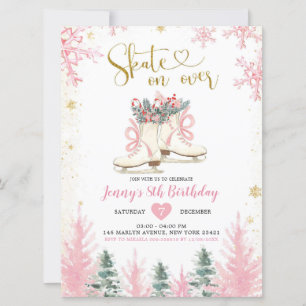 Winter Pink and Gold Girl Ice Skating Birthday Invitation