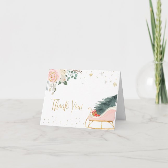 Winter Pink and Gold Sleigh Thank You Card (Front)