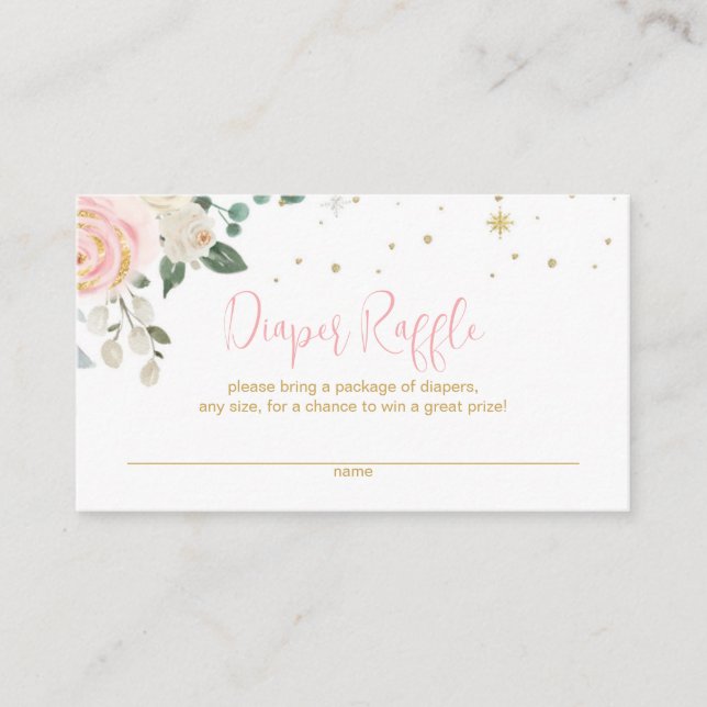 Winter Pink and Gold Snowflake Diaper Raffle Enclosure Card (Front)