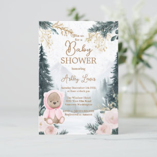 Winter Pink bear Woodland snow pink forest Invitation