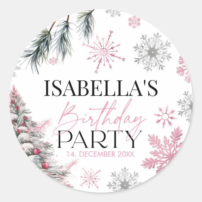 Winter Pink Birthday  Classic Round Sticker (Front)