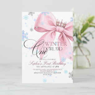 Winter Pink Bow 1st Birthday Party Invitation