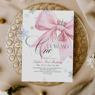 Winter Pink Bow 1st Birthday Party Invitation