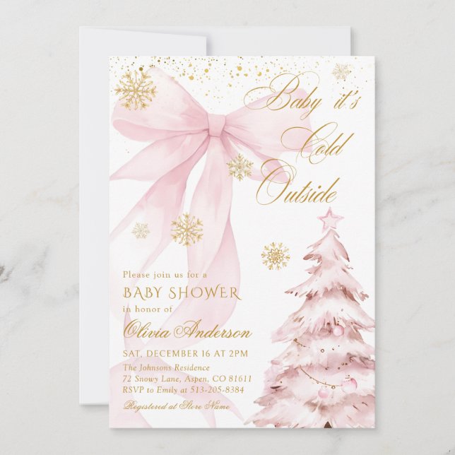 Winter Pink Bow Baby It's Cold Outside Baby Shower Invitation (Front)