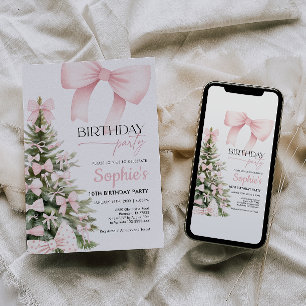 Winter Pink Bow Birthday Invitation