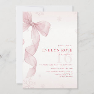 Winter Pink Bow Snowflake 16th Birthday Party Invitation