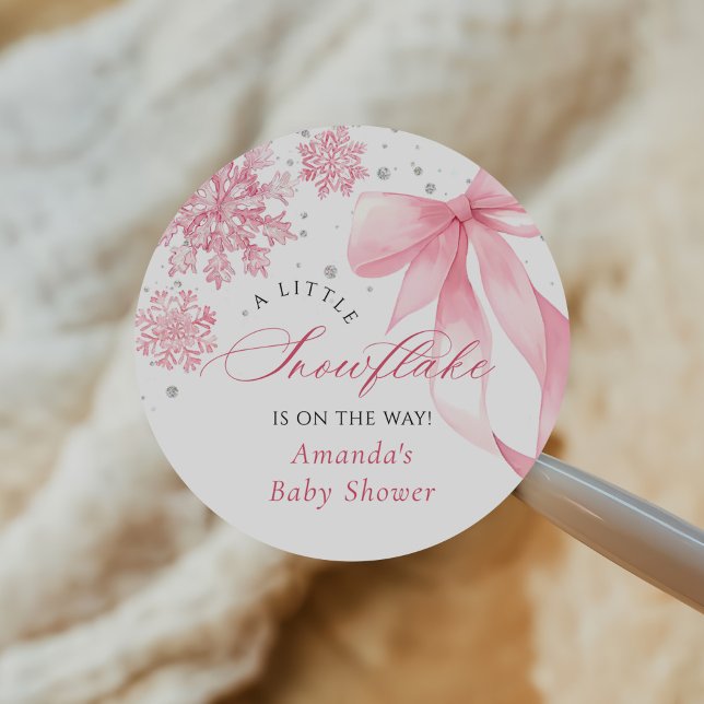 Winter Pink Bow Snowflakes Baby Shower Classic Round Sticker (Creator Uploaded)