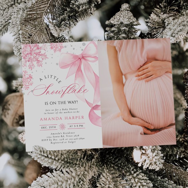 Winter Pink Bow Snowflakes Baby Shower Photo Invitation (Creator Uploaded)