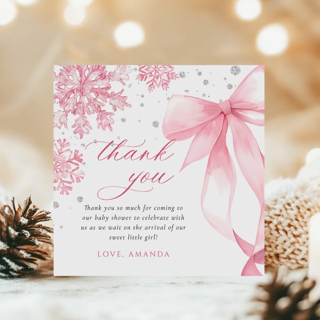 Winter Pink Bow Snowflakes Baby Shower Thank You Card (Creator Uploaded)