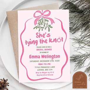 Winter Pink Bow Tying The Knot Bridal Shower Invitation