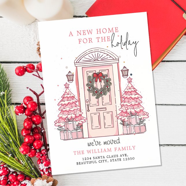 Winter Pink Christmas Door New Home Moving Holiday Postcard (Creator Uploaded)
