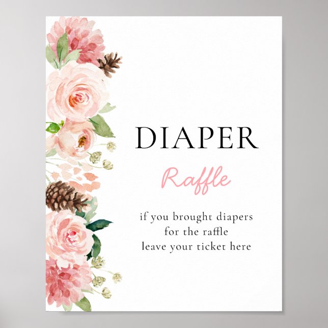 Winter Pink Floral Baby Shower Diaper Raffle Poster (Front)
