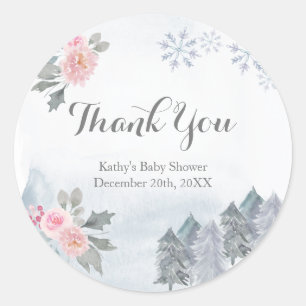Winter Pink Floral Baby Shower Thank You Sticker