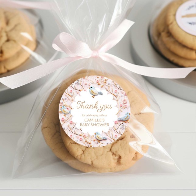 Winter Pink Floral Girl Baby Shower Thank you Classic Round Sticker (Winter Pink Floral Girl Baby Shower Thank you Sticker)