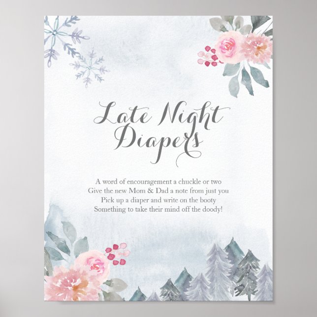 Winter Pink Floral Late Night Diapers Sign Poster (Front)