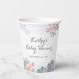 Winter Pink Floral Pine Trees Baby Shower Paper Cups