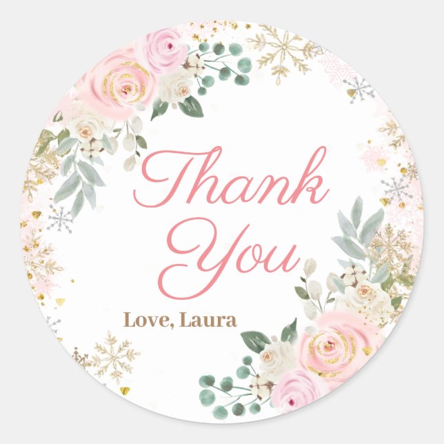 Winter Pink Floral Snowflake Baby Shower Classic Round Sticker (Front)
