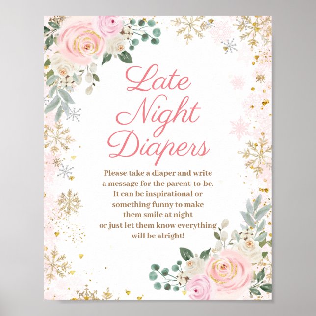Winter Pink Floral Snowflake Late Night Diapers Poster (Front)