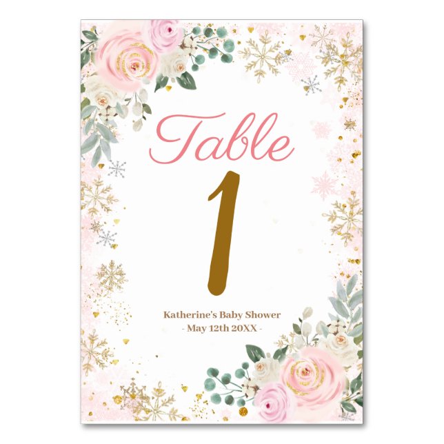 Winter Pink Floral Snowflakes Baby Shower Table Number (Front)