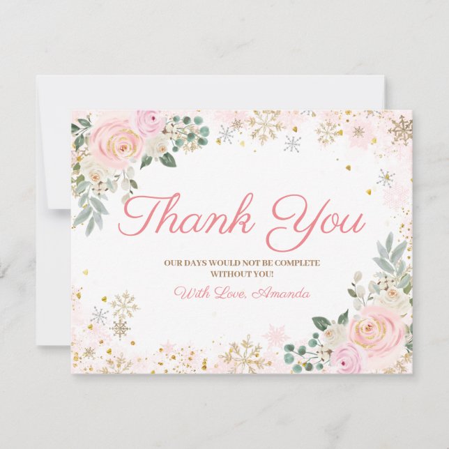 Winter Pink Floral Snowflakes Baby Shower Thank You Card (Front)