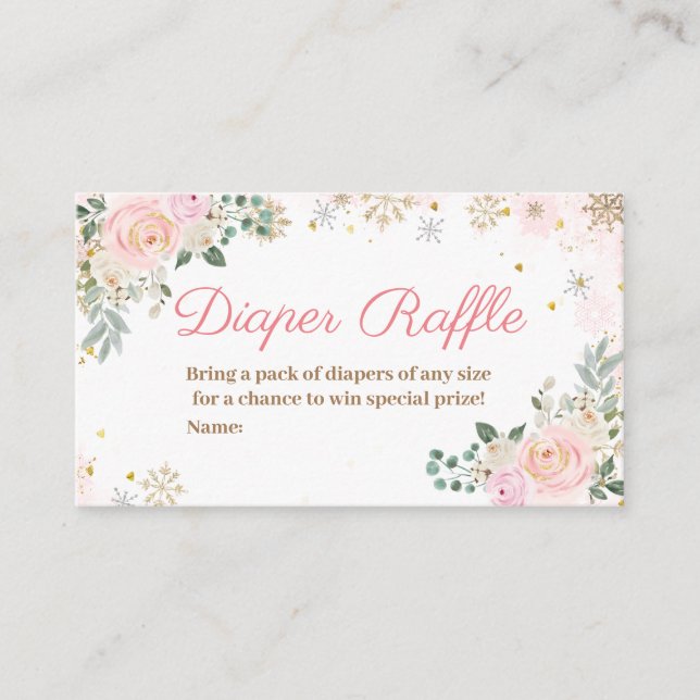 Winter Pink Floral Snowflakes Diaper Raffle Enclosure Card (Front)