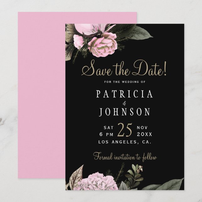 Winter pink flowers elegant wedding save the date (Front/Back)