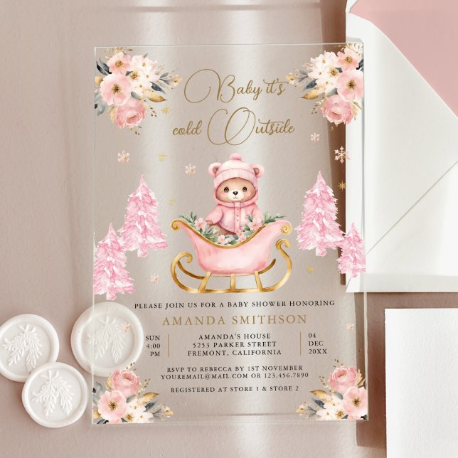 Winter Pink Gold Floral Teddy Bear Baby Shower Acrylic Invitations (Creator Uploaded)