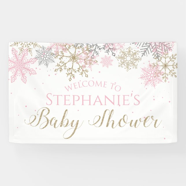 Winter Pink Gold Glitter Snowflake Baby Shower Banner (Horizontal)