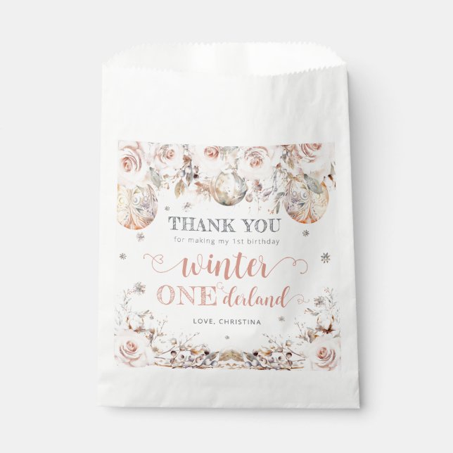 Winter Pink Gold Onederland Birthday Favour Bags (Front)