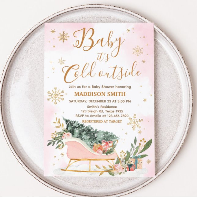 Winter Pink Gold Snowflake Baby Shower  Invitation (Pink Sleigh Baby Shower Invitation)