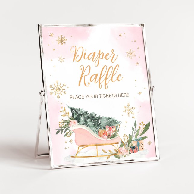 Winter Pink Gold Snowflake Diaper Raffle Poster (Pink Sleigh Baby Shower Diaper Raffle Sign)