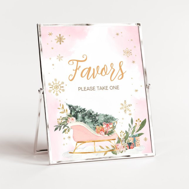 Winter Pink Gold Snowflake Favours Poster (Winter Pink Gold Snowflake Baby Shower Favors Sign)