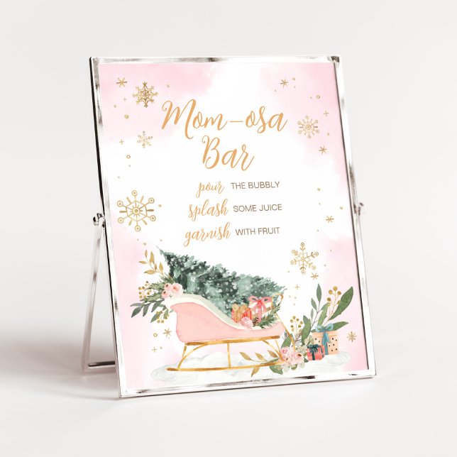Winter Pink Gold Snowflake Mum Osa Bar Poster (Pink Sleigh Baby Shower Mom Osa Bar Sign)