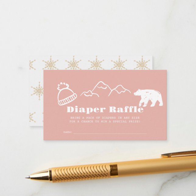 Winter Pink Hand-Drawn Baby Diaper Raffle Ticket Enclosure Card (Front/Back In Situ)