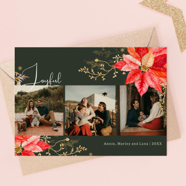 Winter Pink Joyful Three Photo Christmas Holiday (Creator Uploaded)