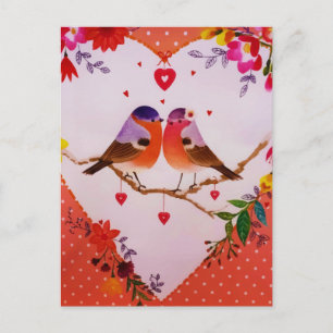 Winter Pink Love Birds Floral Polka Dots Postcard