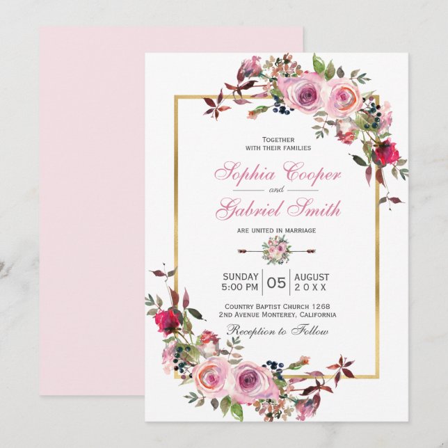 Winter Pink Mauve Rose Floral Pine Branch Wedding Invitation (Front/Back)
