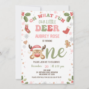 Winter Pink Oh What Fun Reindeer 1st Birthday Invitation